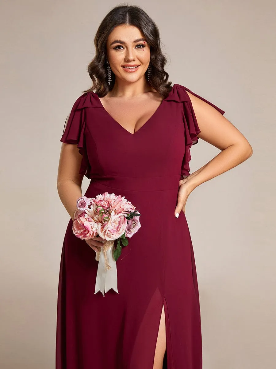 Gloria | Short Sleeves with Bowknot High Front Slit A-Line Chiffon Bridesmaid Dress