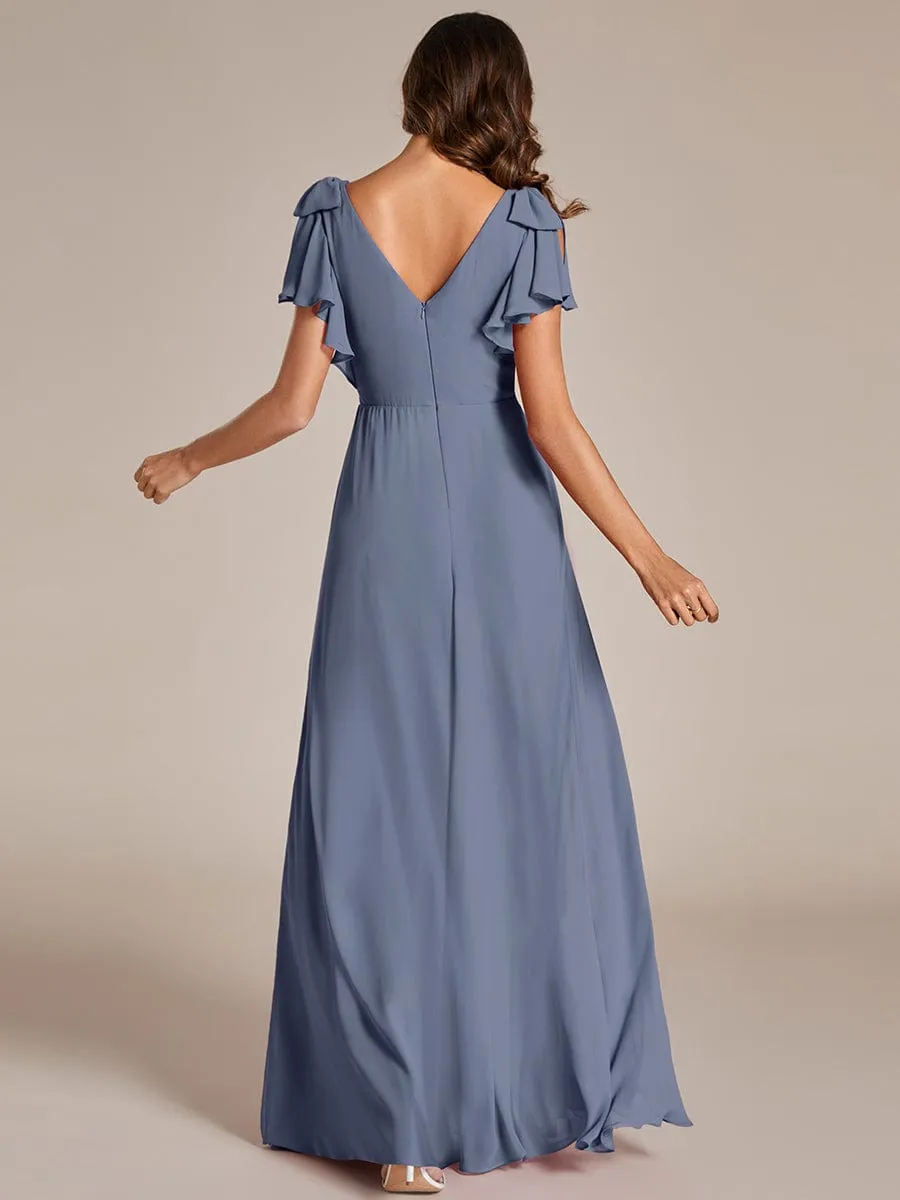 Gloria | Short Sleeves with Bowknot High Front Slit A-Line Chiffon Bridesmaid Dress