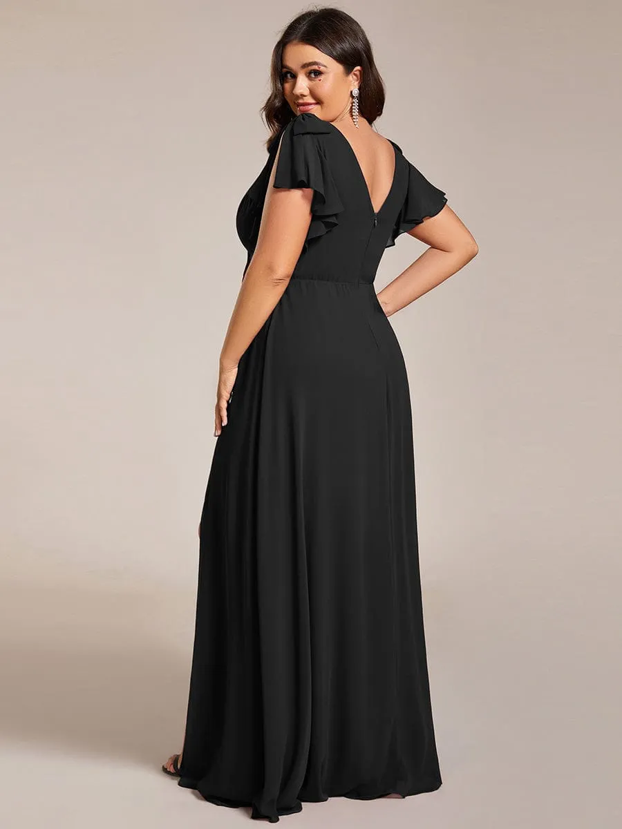 Gloria | Short Sleeves with Bowknot High Front Slit A-Line Chiffon Bridesmaid Dress