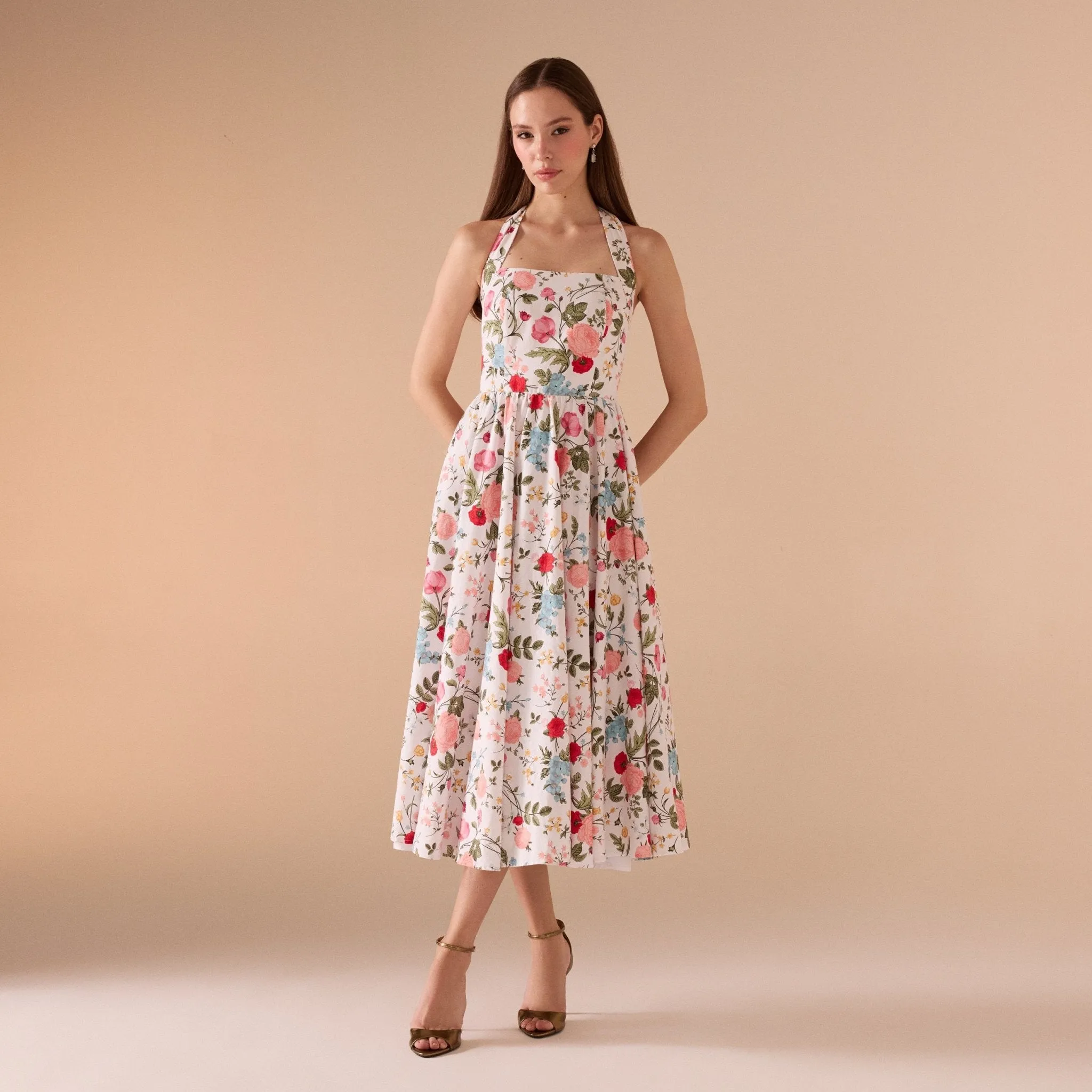 Halter Neck A-line Flowers Printed Midi Dress