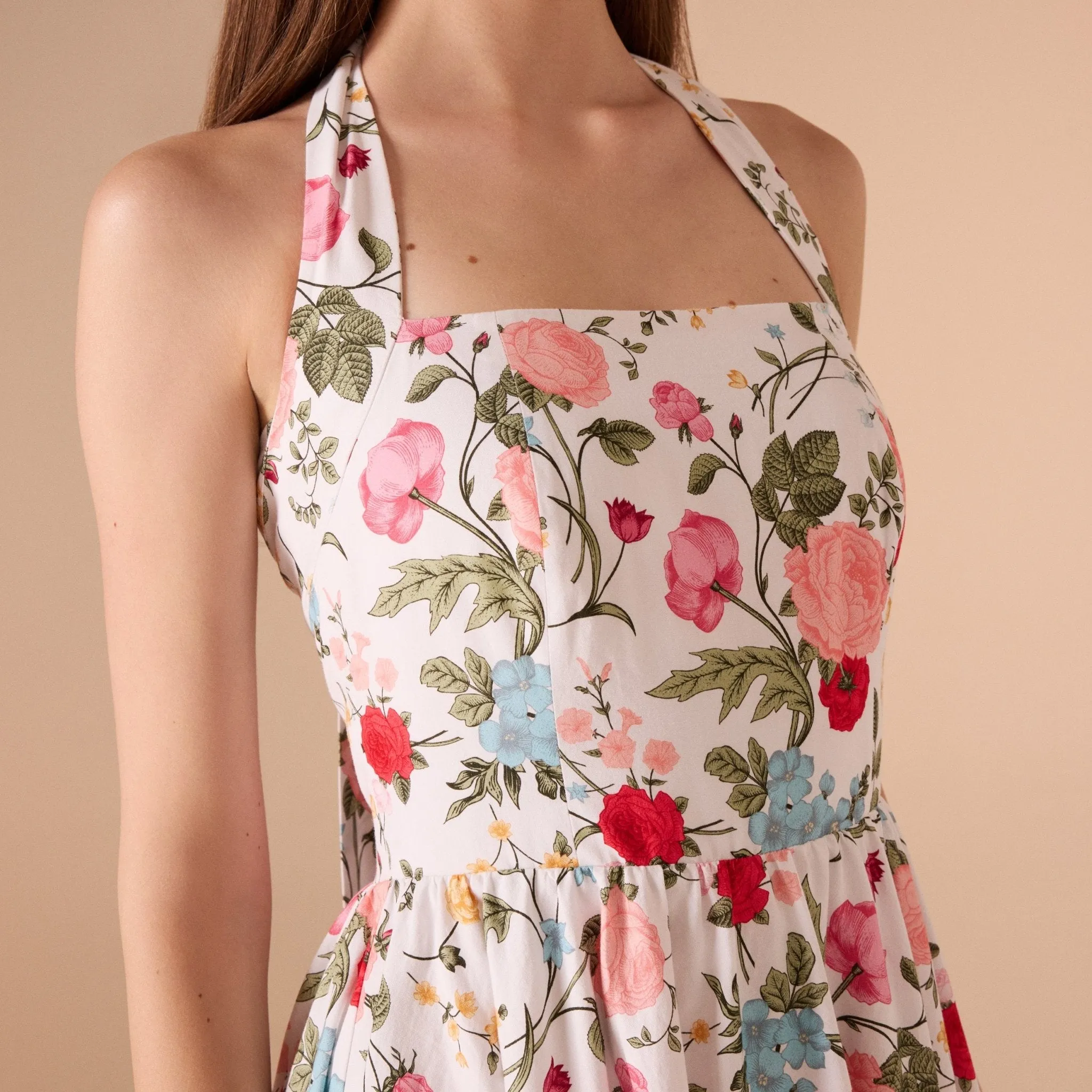 Halter Neck A-line Flowers Printed Midi Dress