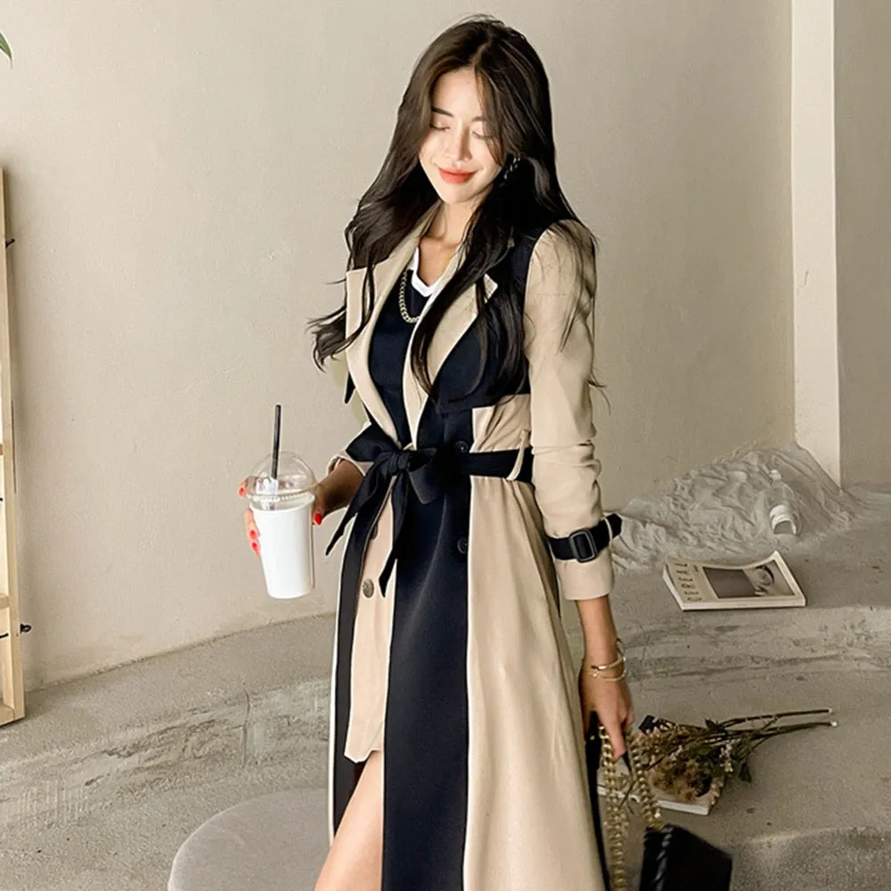 Hit Color Casual Trench For Women Notched Collar Long Sleeve High Waist Slimming Spliced Lace Up Windbreaker Female