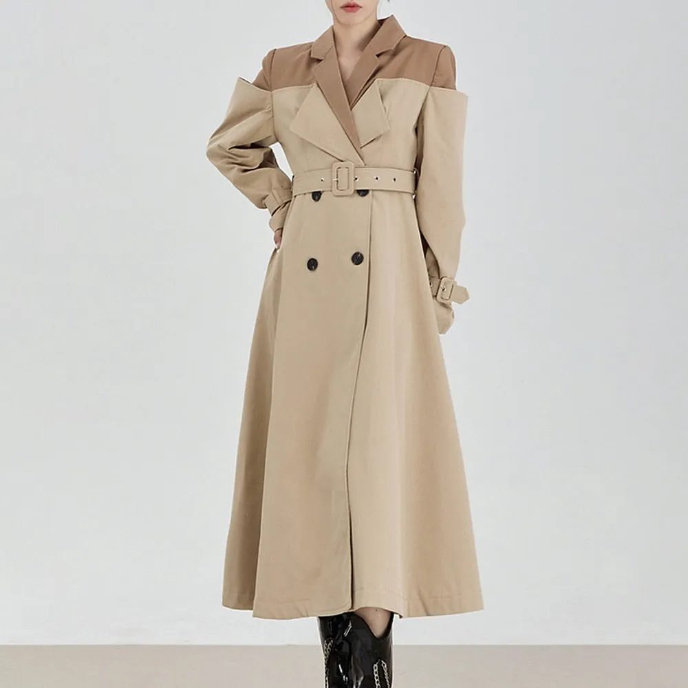 Hit Color Casual Trenches For Women Notched Collar Long Sleeve Patchwork Belt Long Trench Female Fashion Clothing