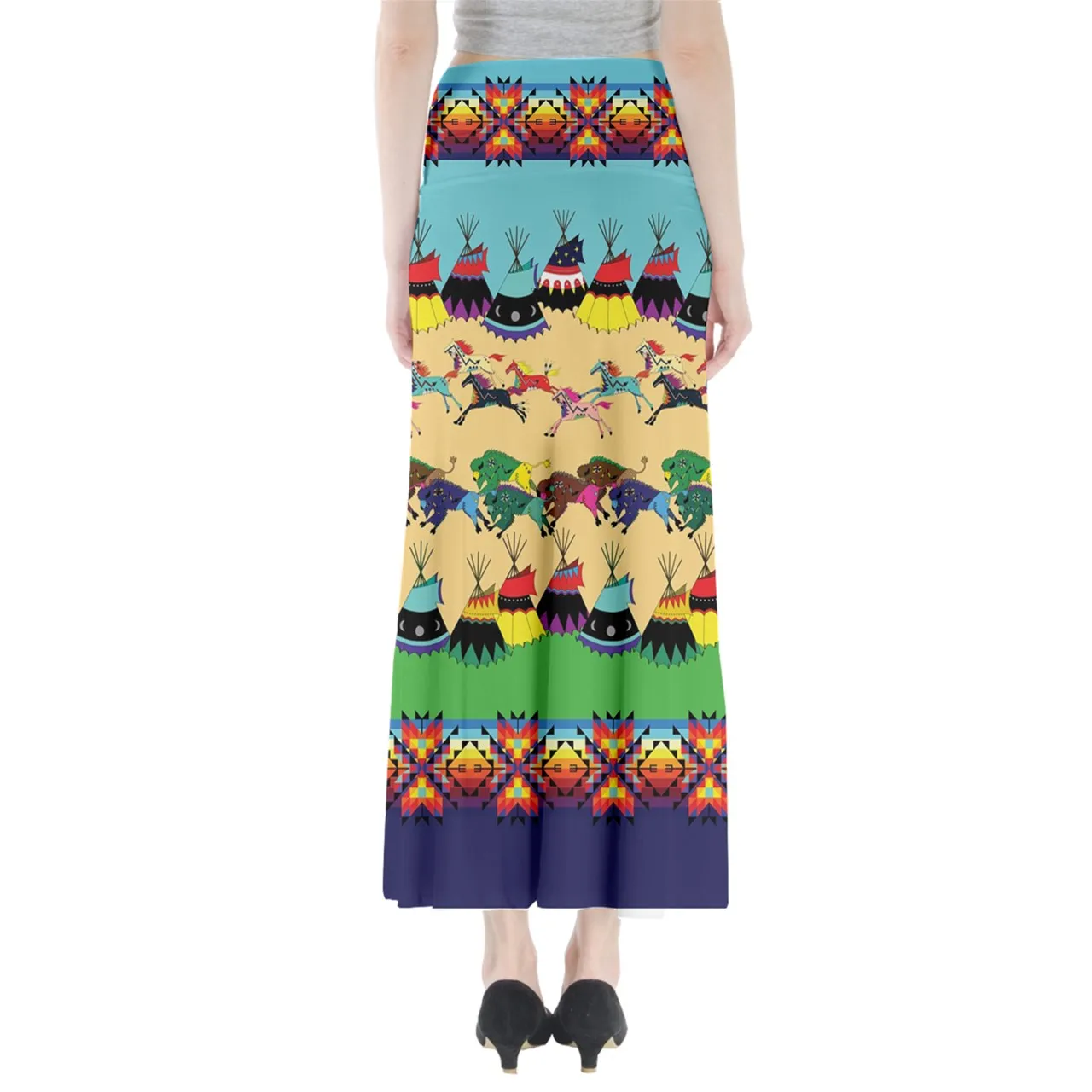 Horses and Buffalo Ledger Blue Full Length Maxi Skirt