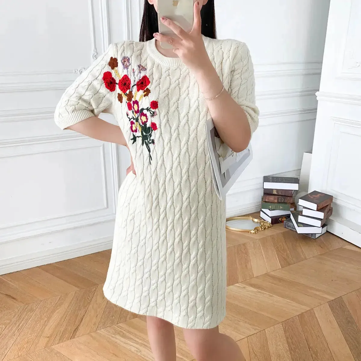 Knitted Flower  Embroidery Twisted Dress