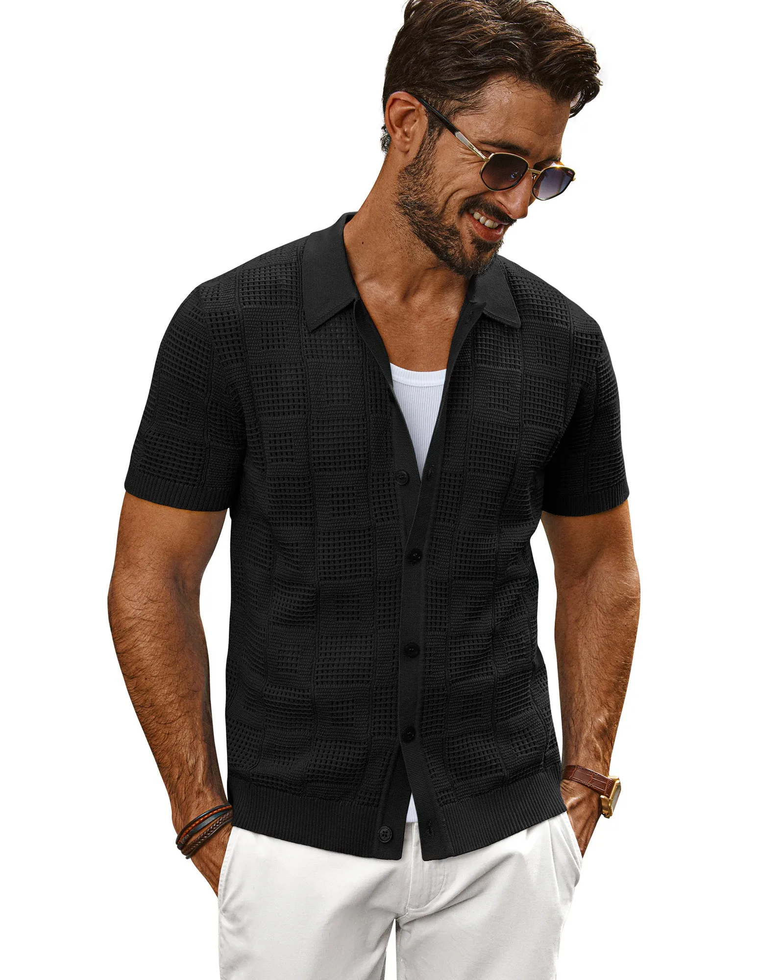 Men Hollowed-out Cardigan Short Sleeve Lapel Collar Button-up Sweater Tops