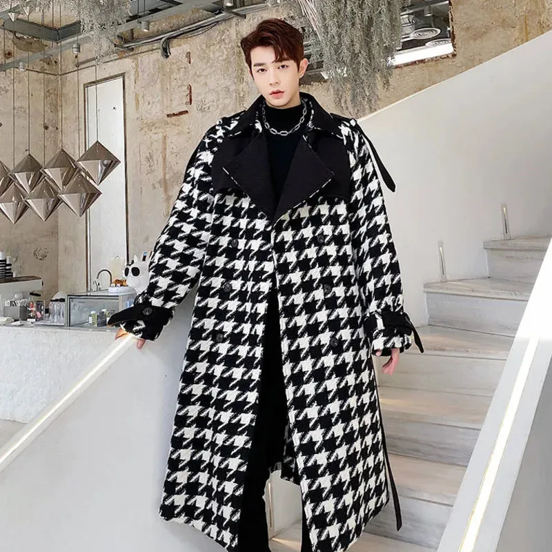 Men's Vintage Plaid Thickened Trench Coat New Loose Notched Double Breasted Windbreaker With Belt Autumn Winter Cloth