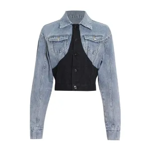 Patchwork Denim Colorblock Jacket Women Lapel Collar Long Sleeve Casual Coats Tops Female Clothing Korean Fashion