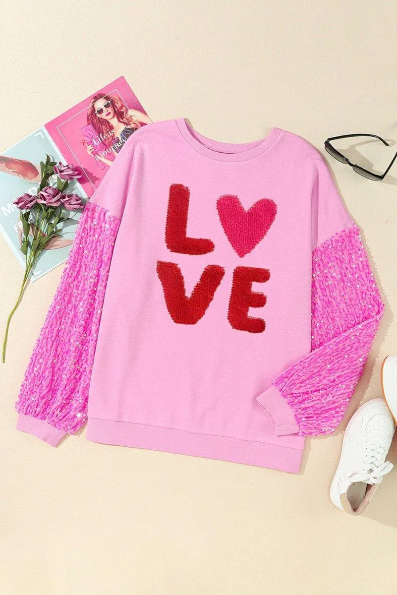 Pink Graphic "Love" Valentines Sequin Sweater