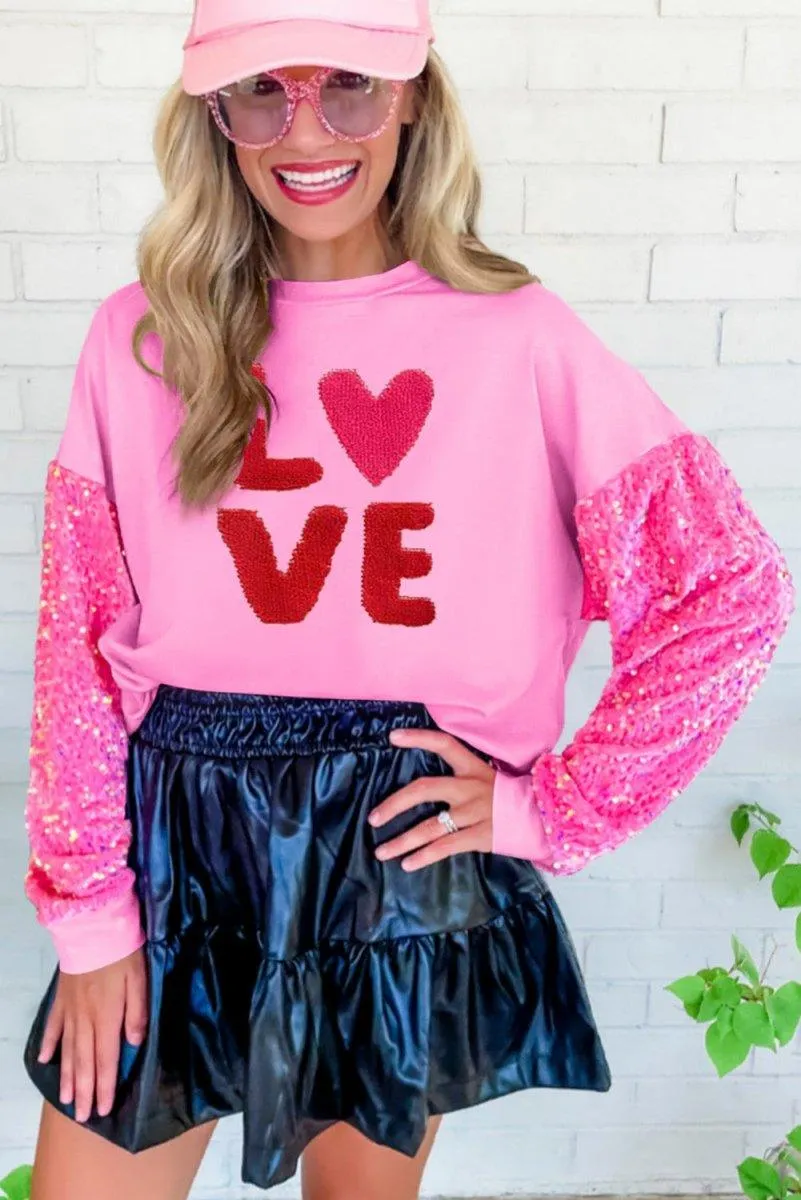 Pink Graphic "Love" Valentines Sequin Sweater