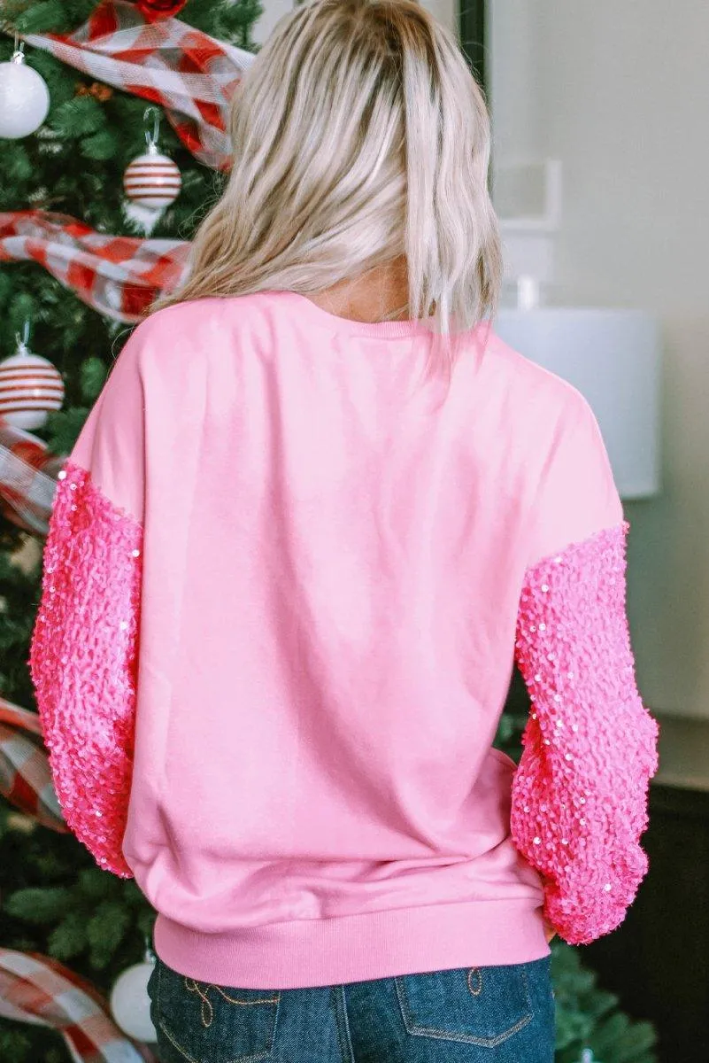 Pink Graphic "Love" Valentines Sequin Sweater