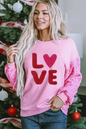 Pink Graphic "Love" Valentines Sequin Sweater