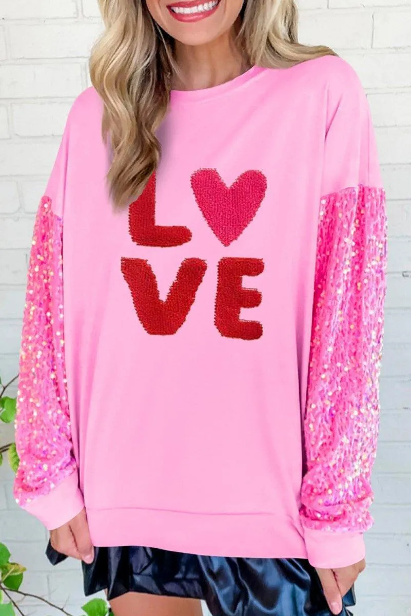 Pink Graphic "Love" Valentines Sequin Sweater