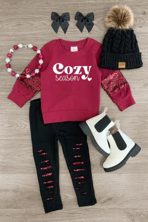 "Cozy Season" Burgundy Sequin Legging Set