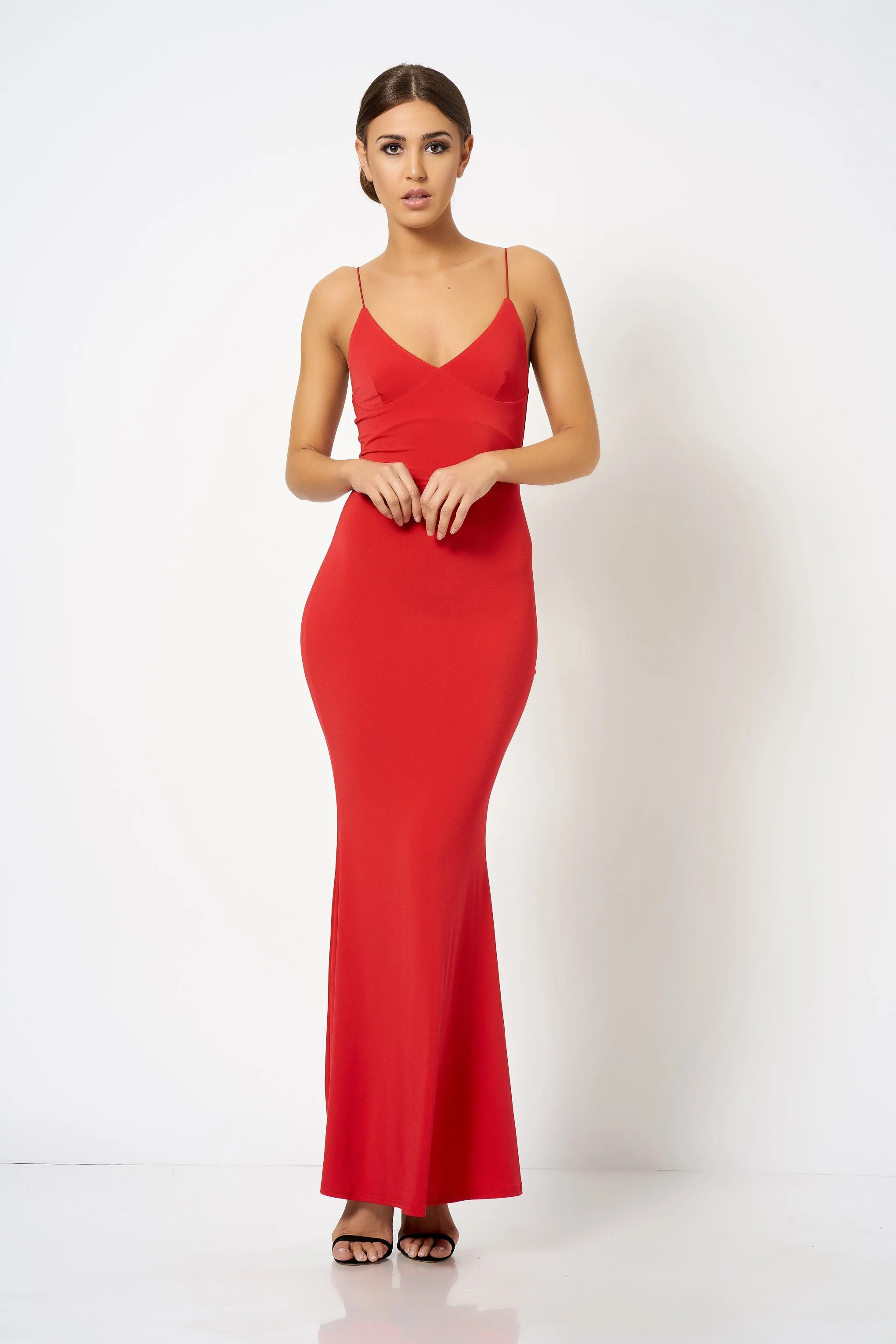 Red Strappy Plunge Maxi Dress