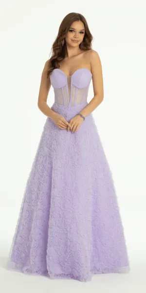 Rosette Glitter Mesh Plunging Corset Ballgown