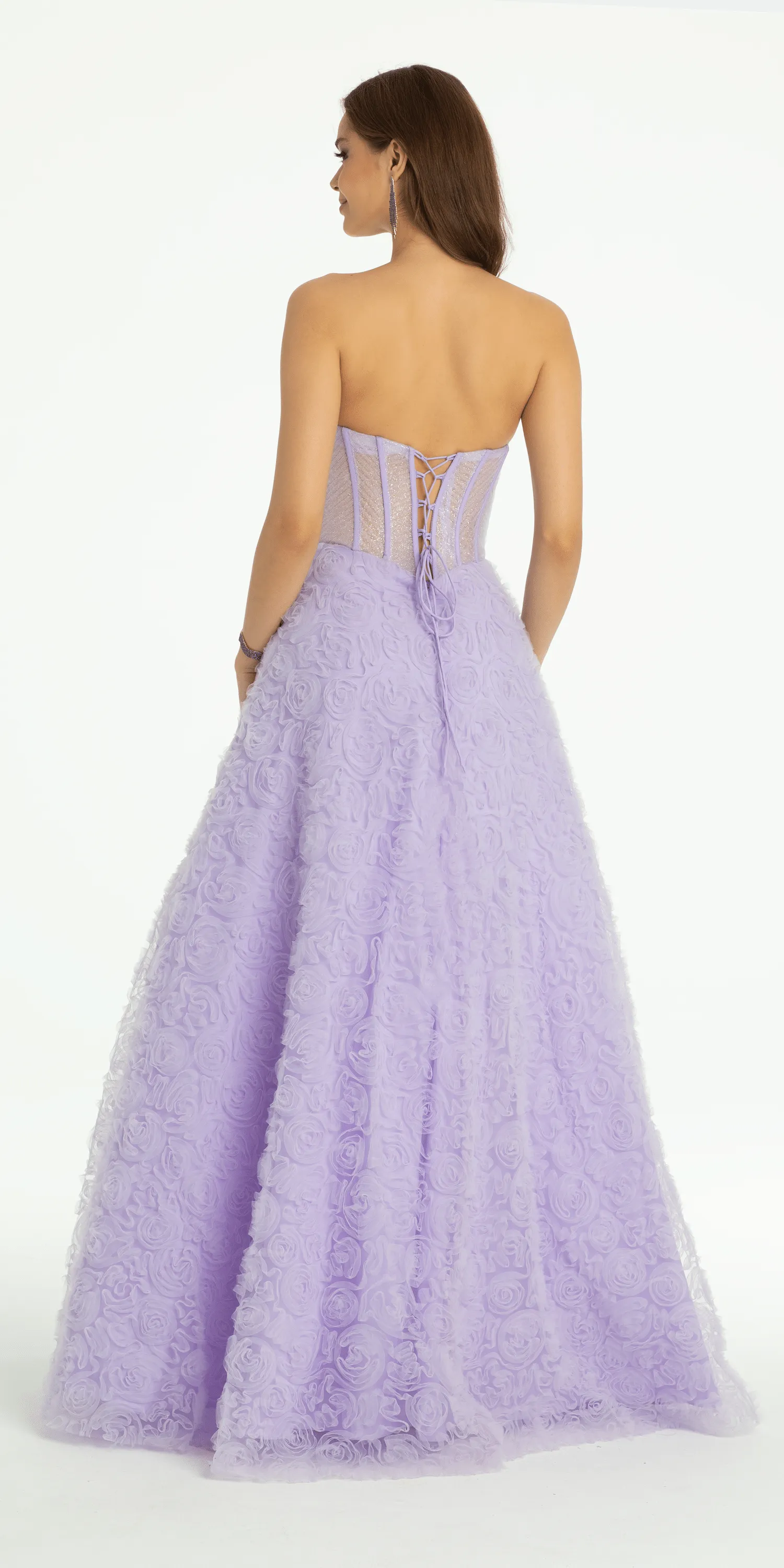 Rosette Glitter Mesh Plunging Corset Ballgown