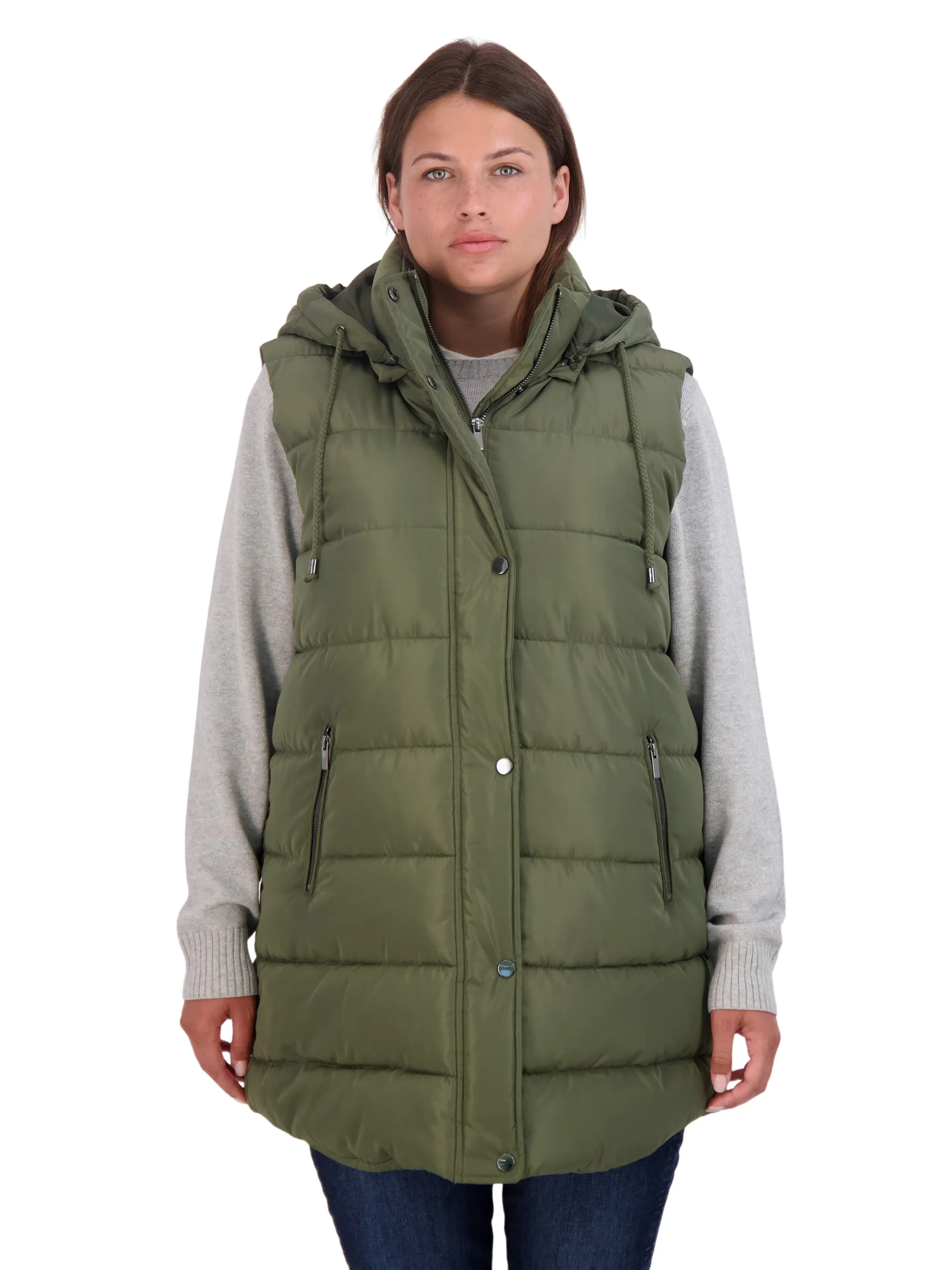 Sebby Collection Plus Long Puffer Vest with Detachable Hood