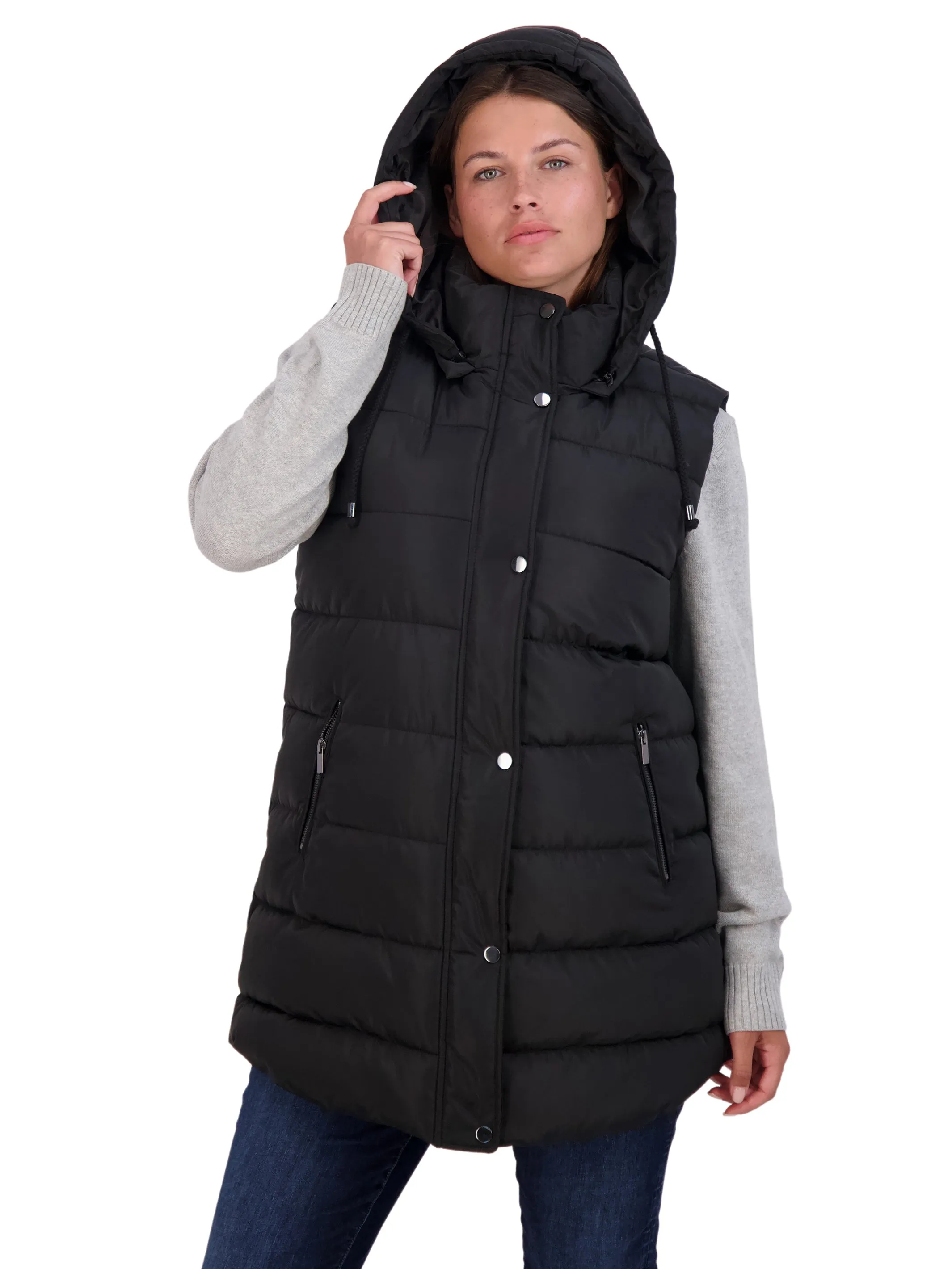 Sebby Collection Plus Long Puffer Vest with Detachable Hood