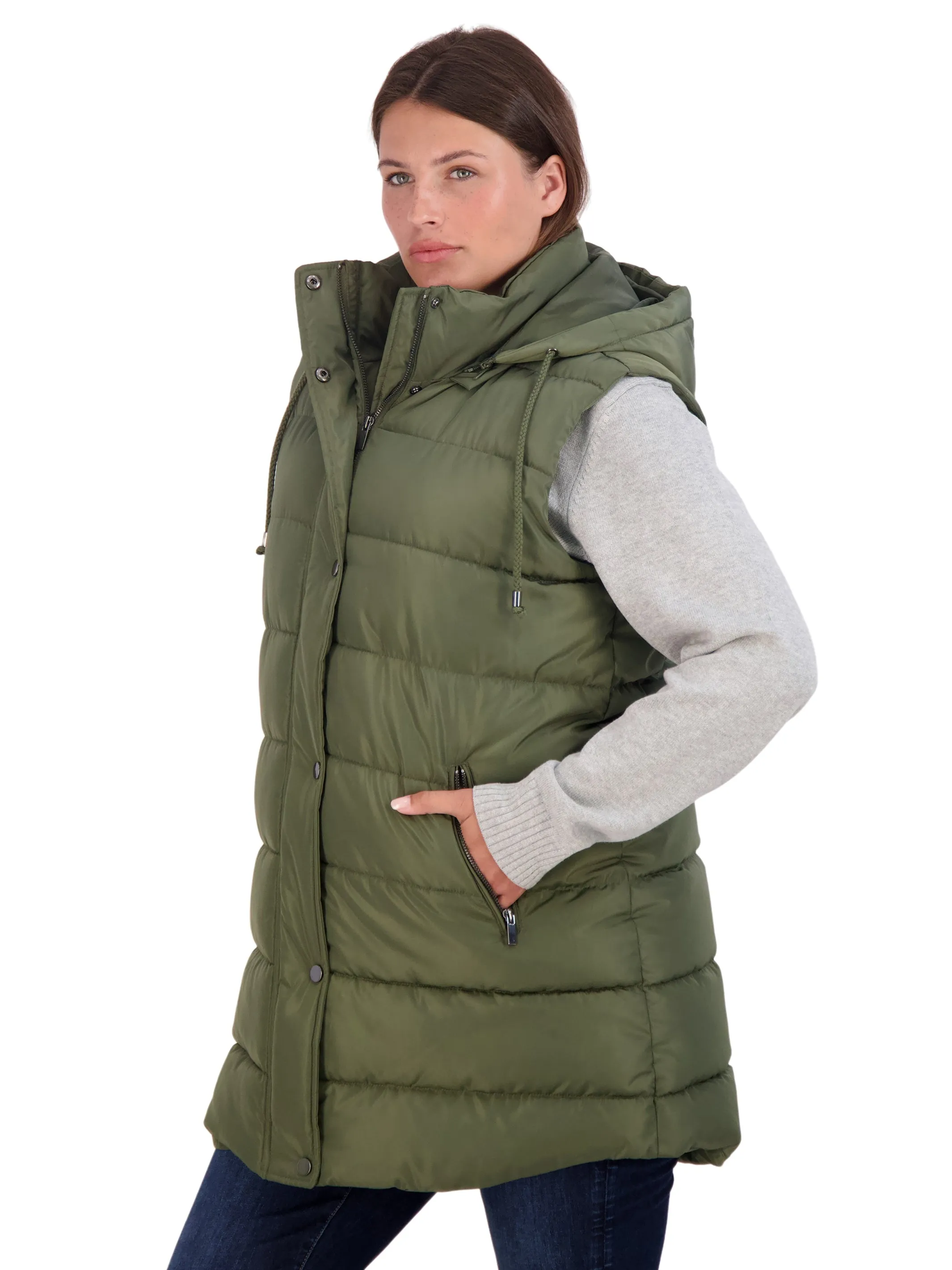 Sebby Collection Plus Long Puffer Vest with Detachable Hood