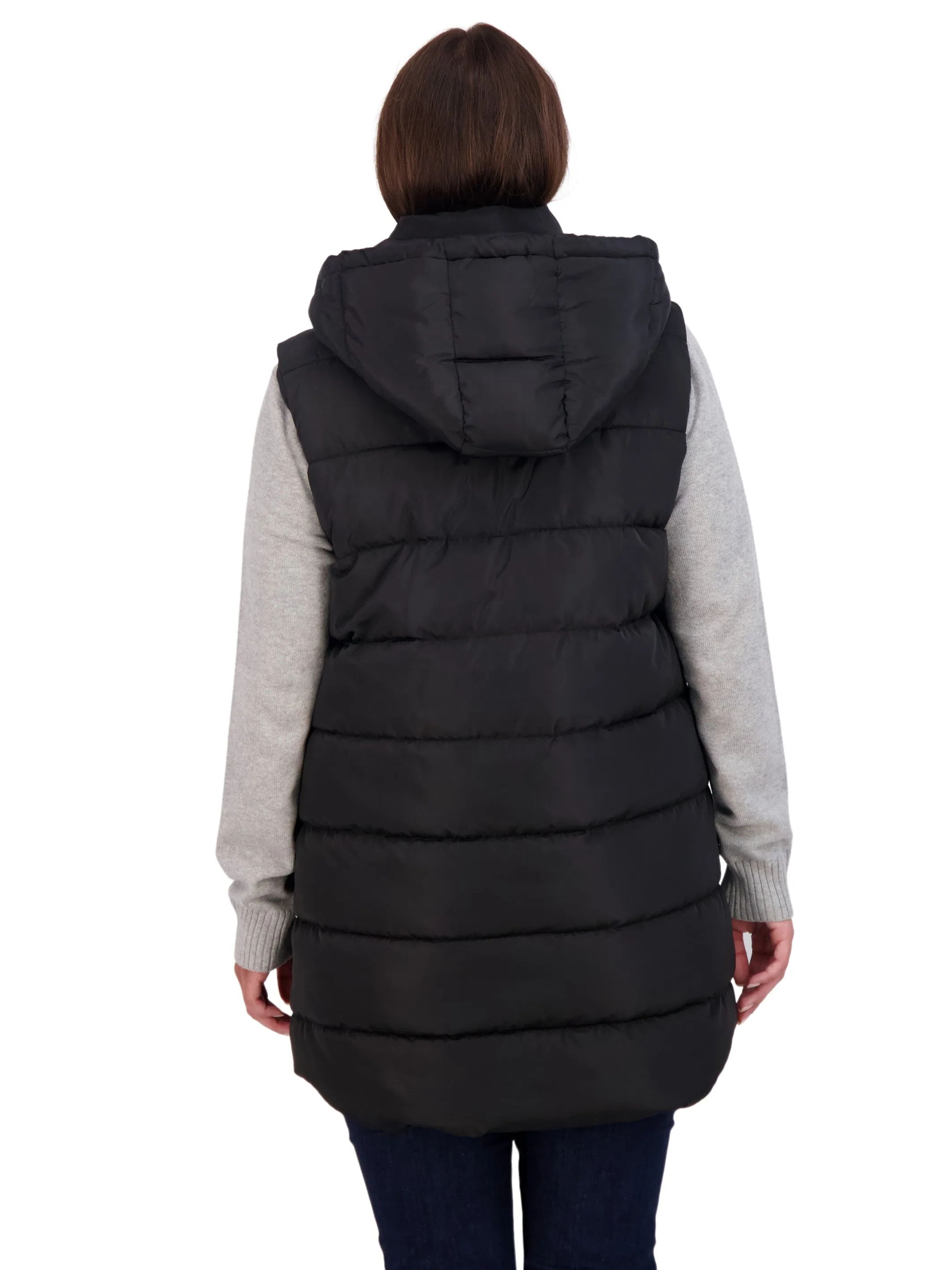 Sebby Collection Plus Long Puffer Vest with Detachable Hood