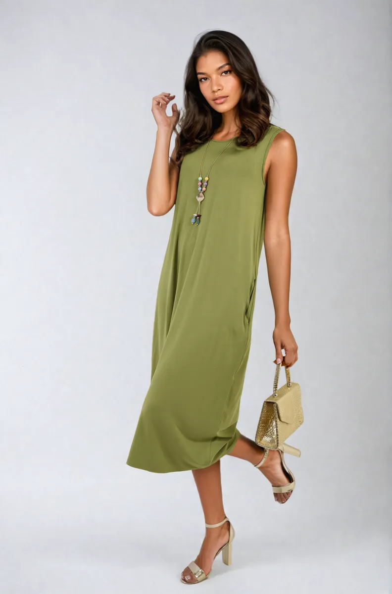 Sleeveless Slit Midi Dress with Side Pockets