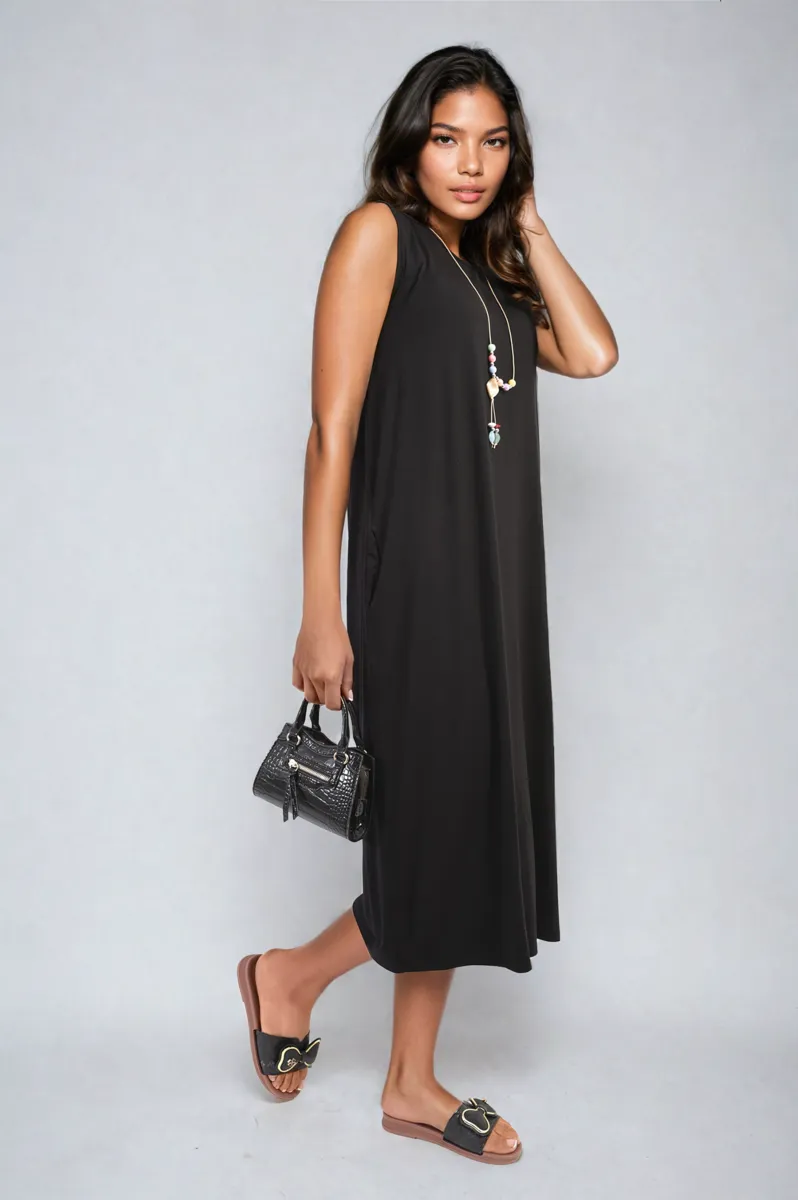 Sleeveless Slit Midi Dress with Side Pockets