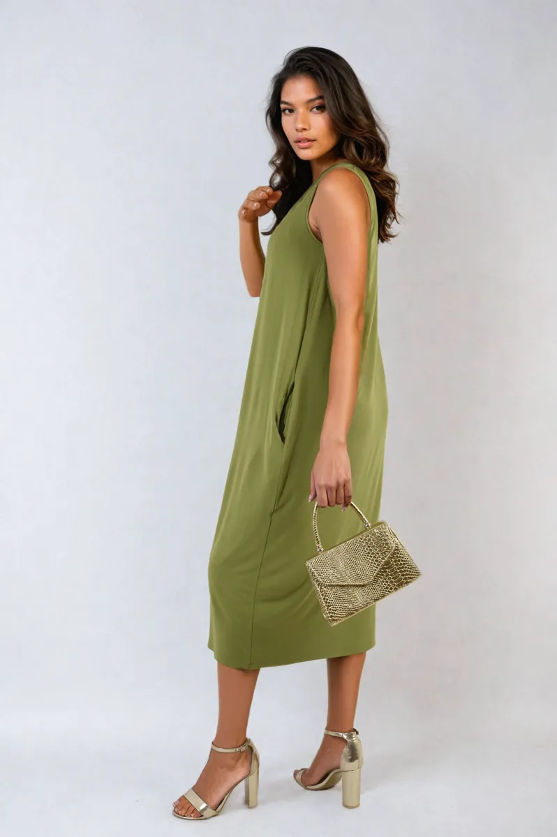 Sleeveless Slit Midi Dress with Side Pockets