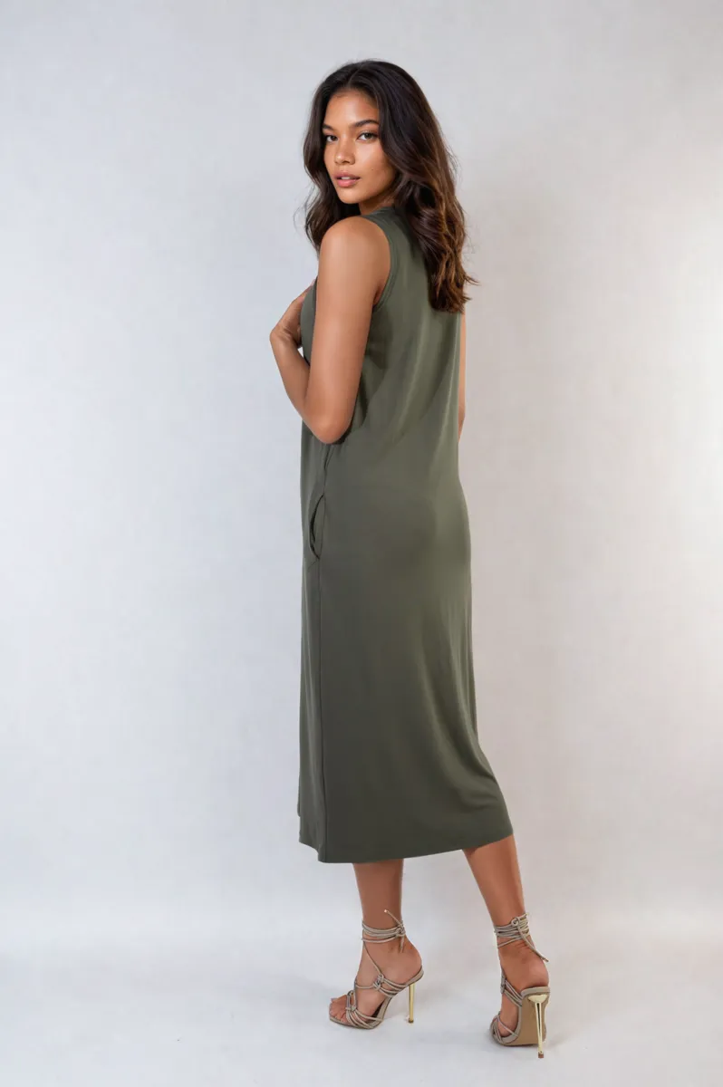 Sleeveless Slit Midi Dress with Side Pockets