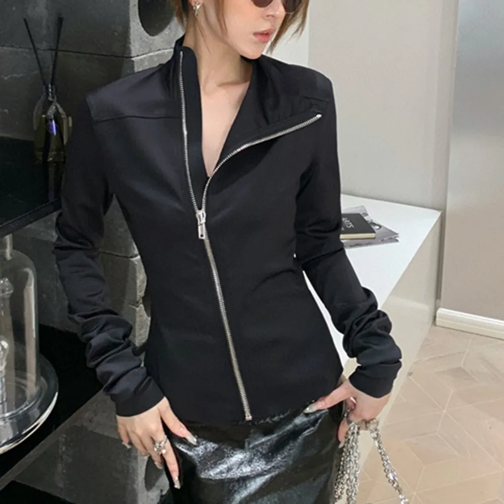 Solid Patchwork Zipper Casual Jackets For Women Stand Collar Long Sleeve Minimalist Temperament Coats Female