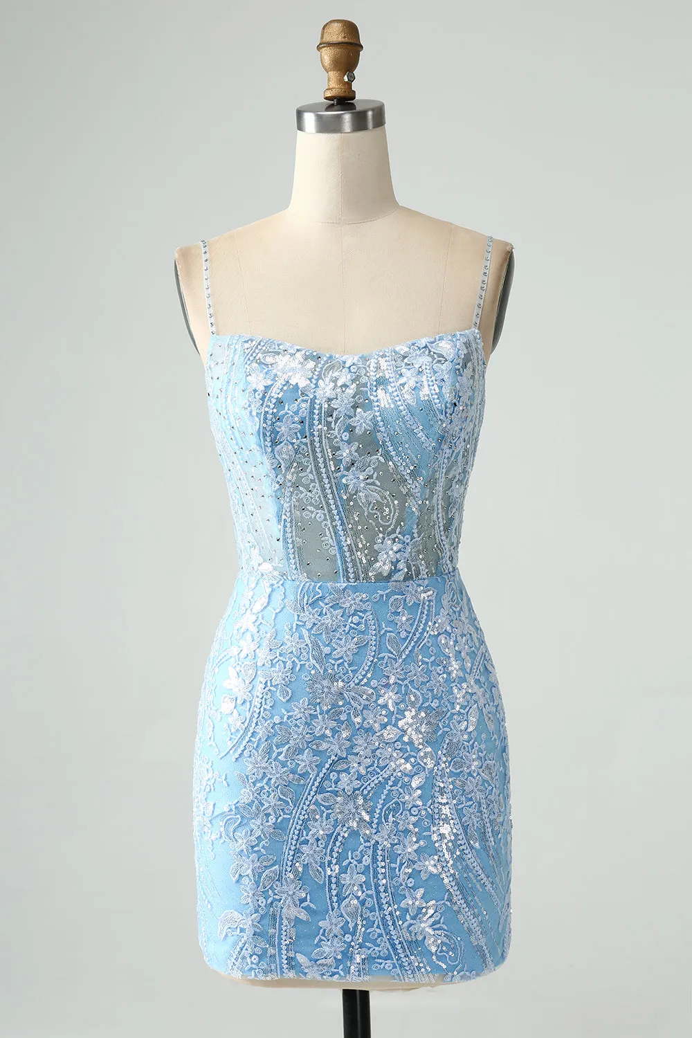 Sparkly Sky Blue Spaghetti Straps Beaded Mini Dress