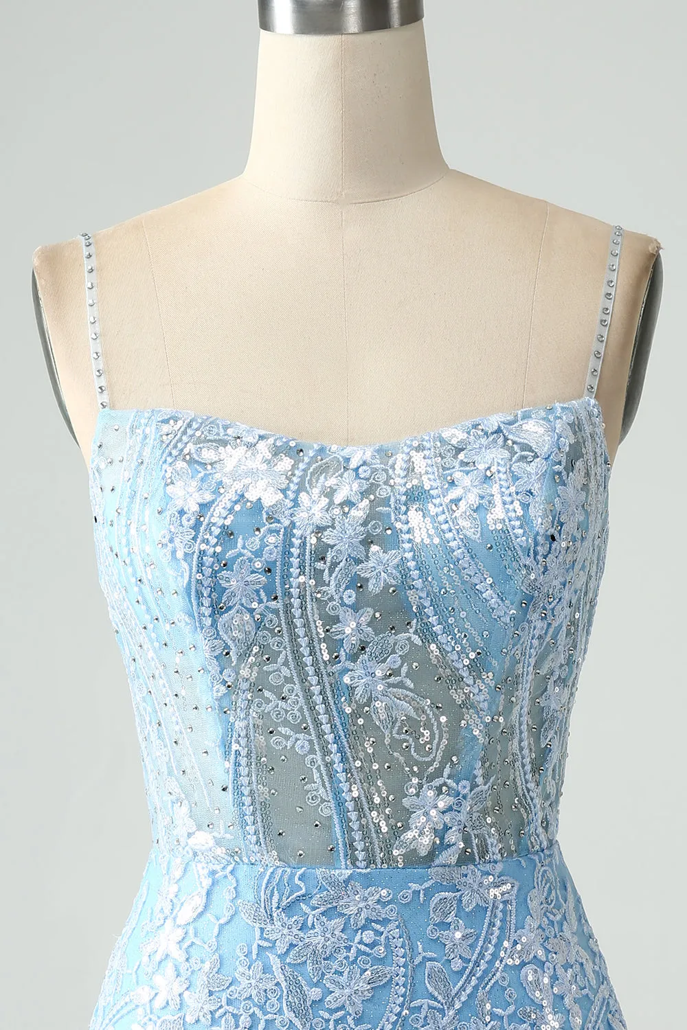 Sparkly Sky Blue Spaghetti Straps Beaded Mini Dress