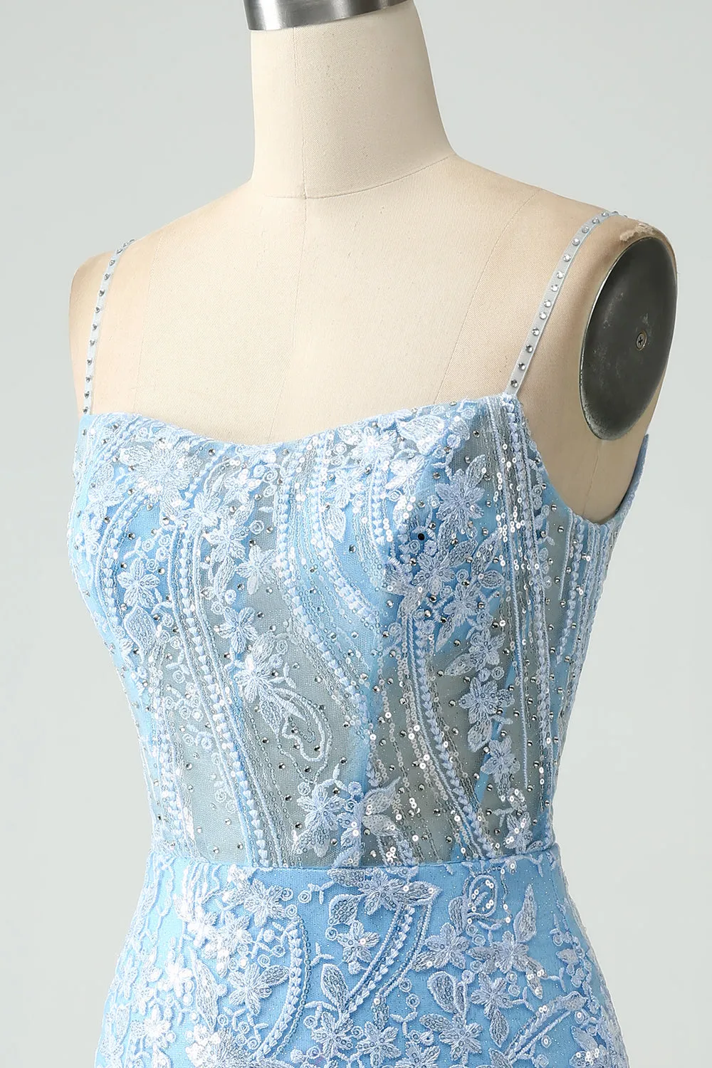 Sparkly Sky Blue Spaghetti Straps Beaded Mini Dress