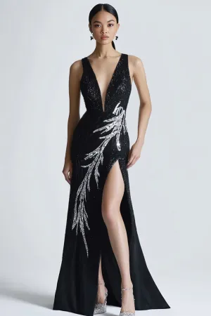 Sparkly V Neck Mermaid Black Formal Dress with Slit