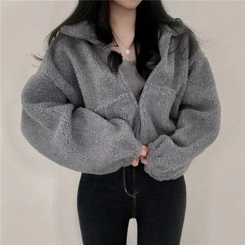 Stand-up Collar Thermal Faux Lamb Fur Sweater