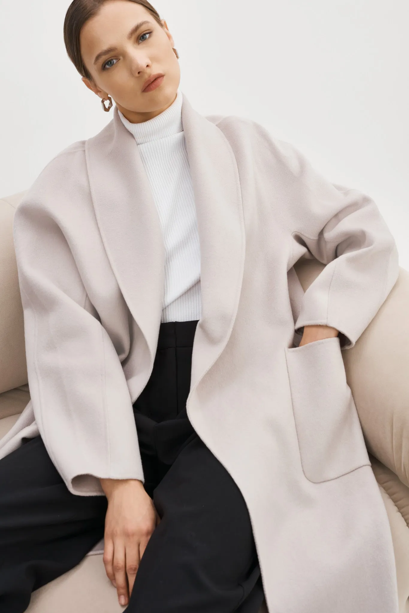 Thara Shawl Collar Wool Coat | Feather Grey