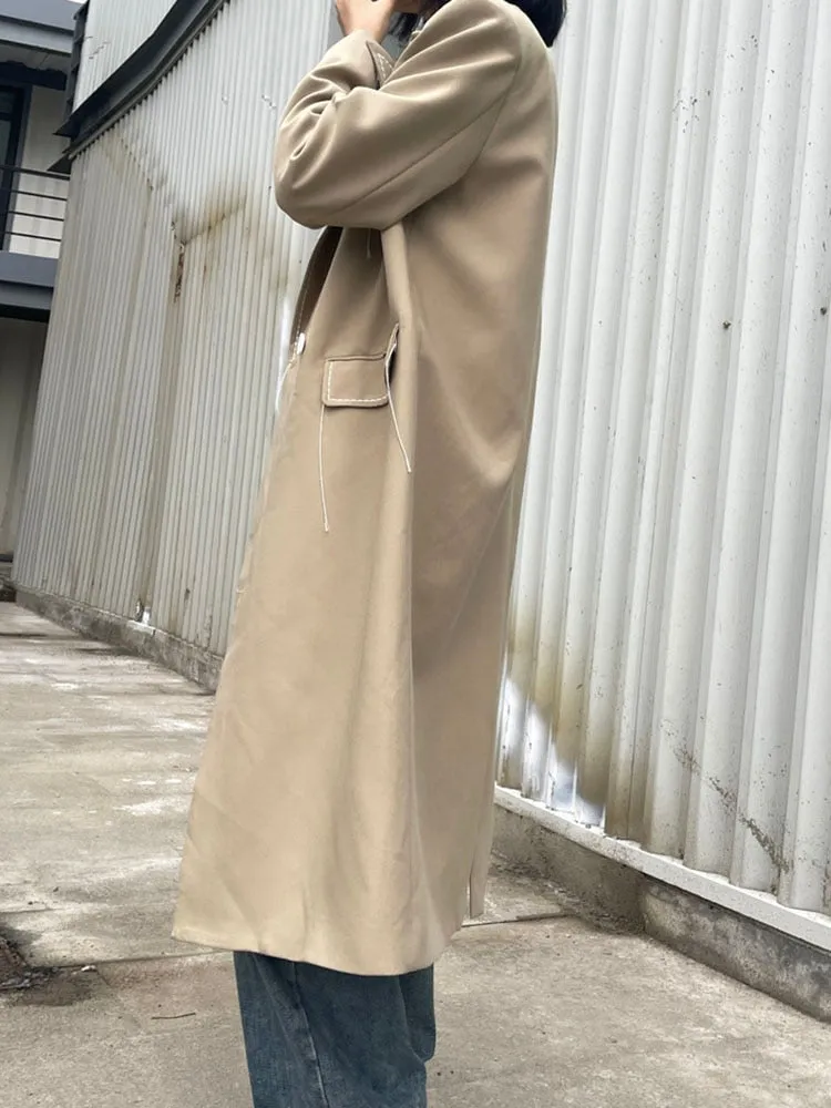 Topstitched Contrast Design Midi Trench Long Sleeve Elegant Suit Windbreaker 2022 Autumn Winter New Fashion Women