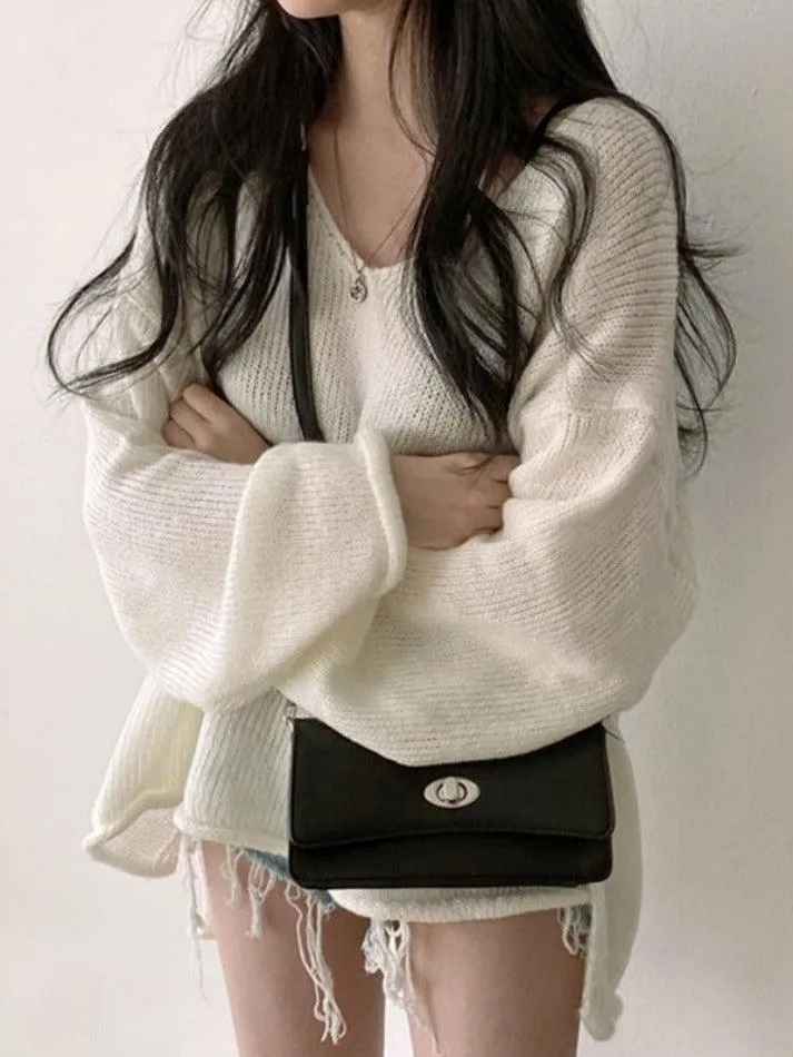 V Neck Rolled Hem Loose Sweater