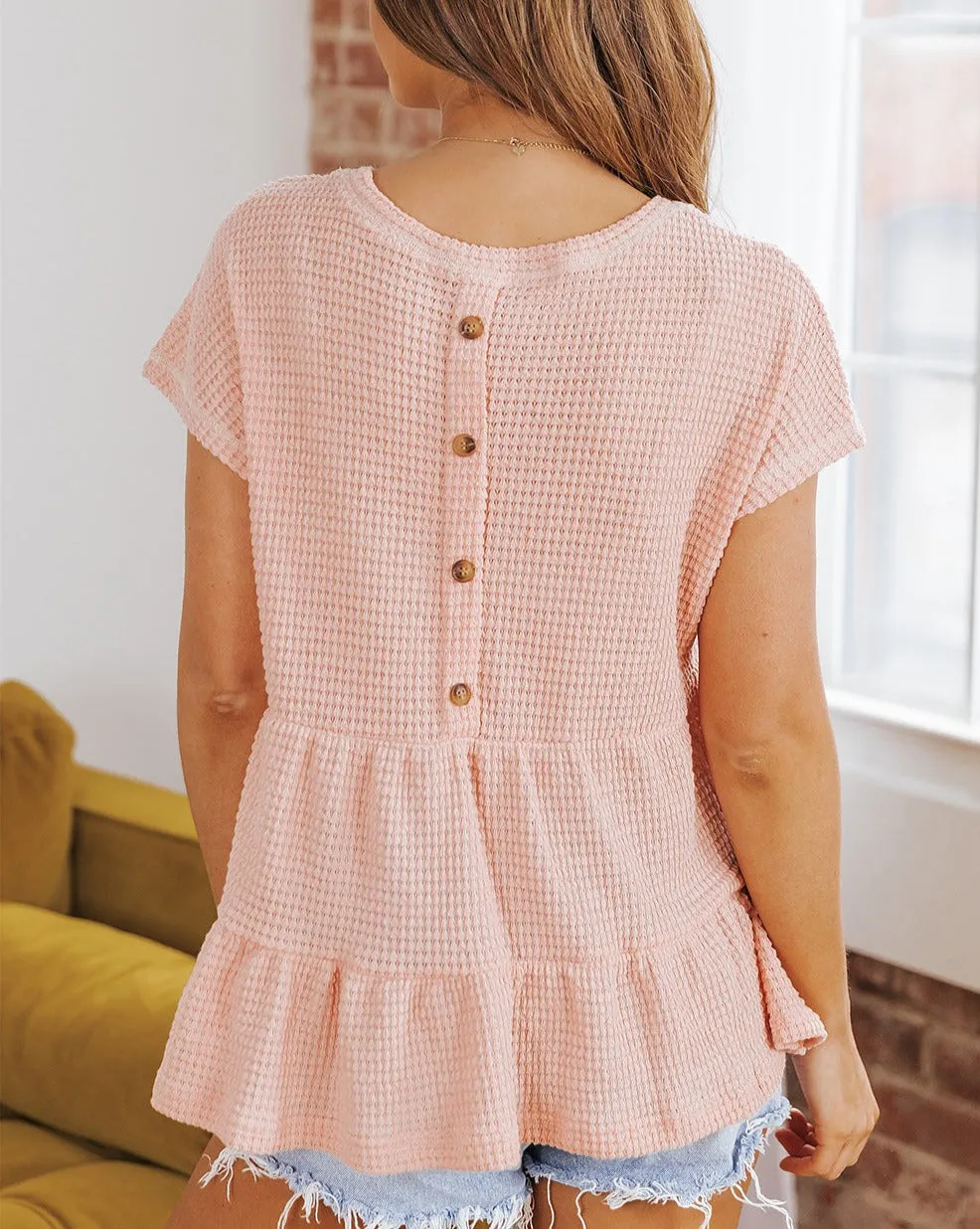 Waffle Ruffle Button Back Blouse