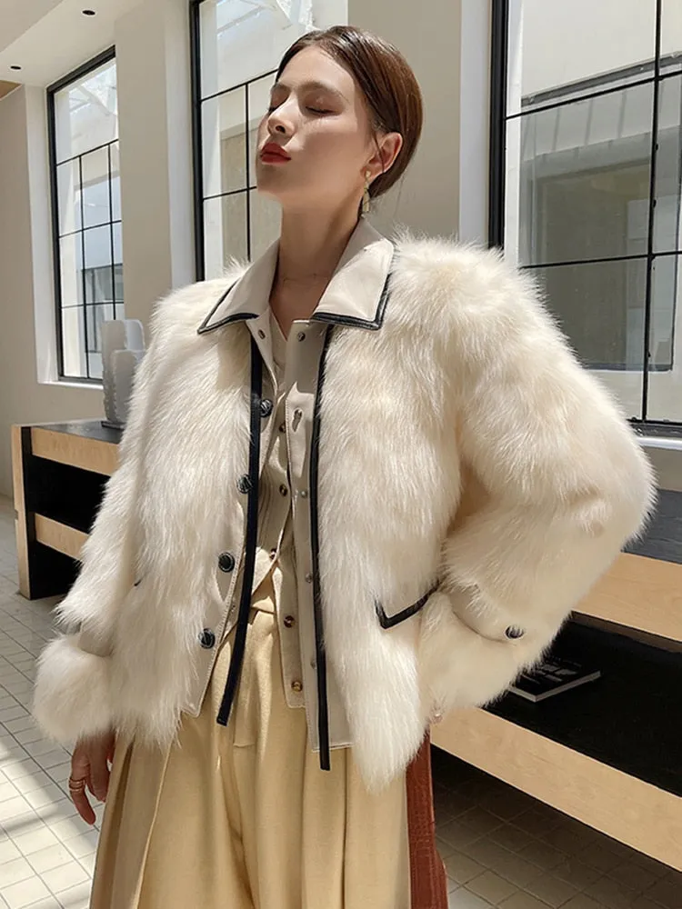 Winter Patchwork Faux Fur Coat For Women Lapel Long Sleeve Patchwork Lace Up Single Breasted Coats Female Clothing