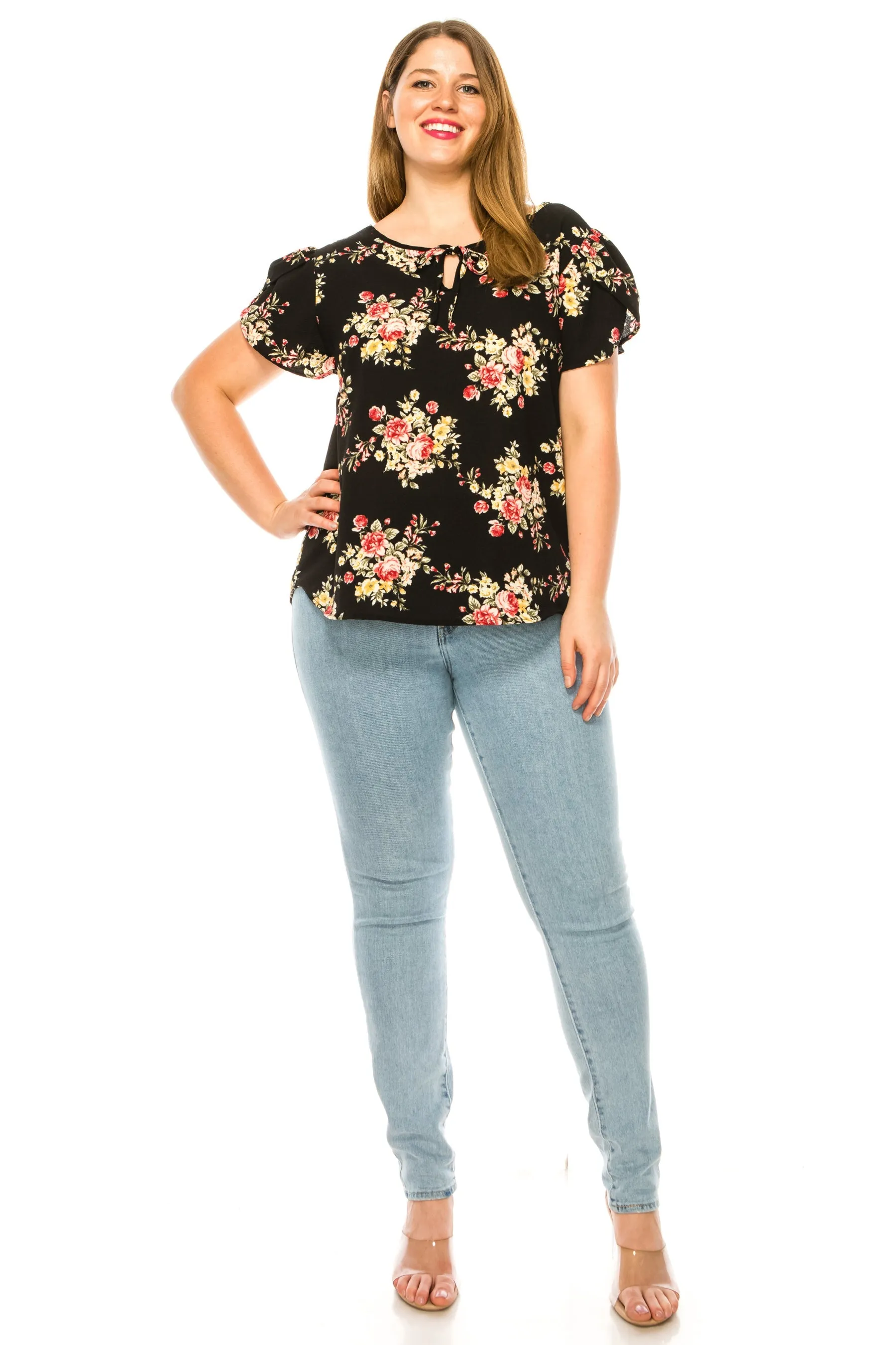 Women's Floral Plus Size Short Sleeve Tunic Top Blouse