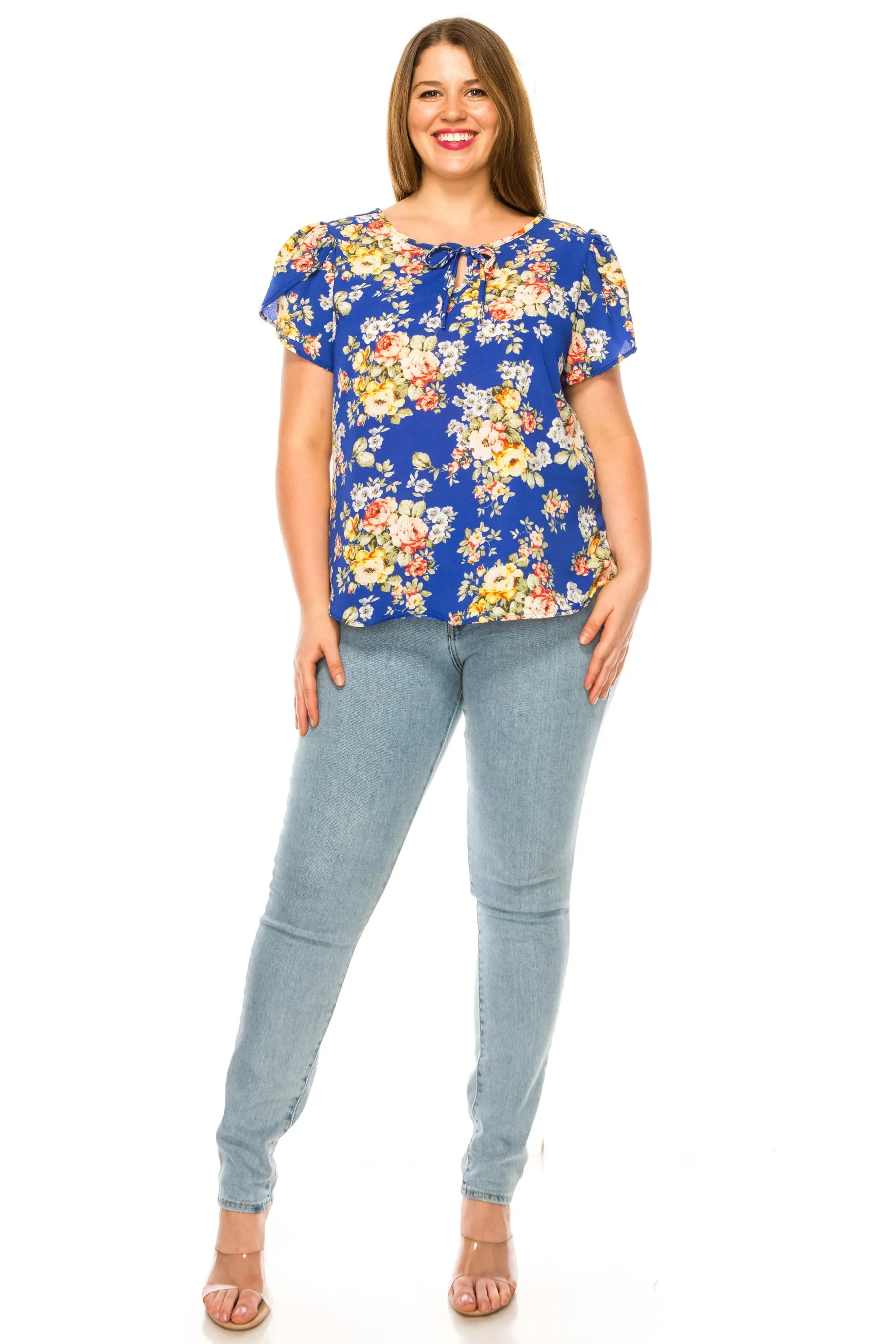 Women's Floral Plus Size Short Sleeve Tunic Top Blouse