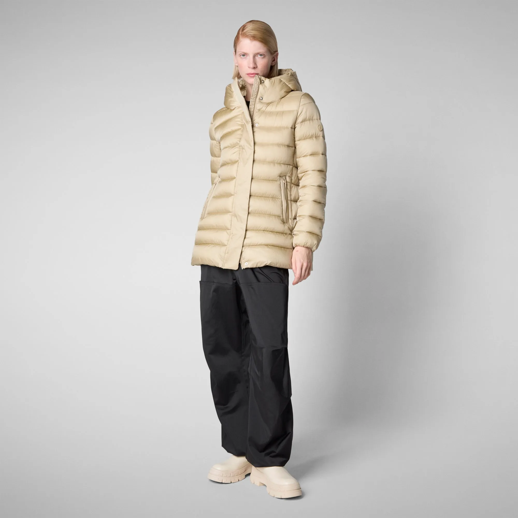 Women's Hooded Animal free Puffer Coat Drimia in Wood Beige