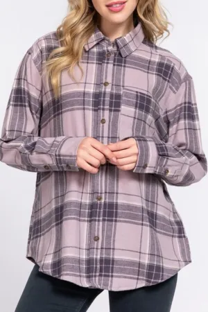 Women's Long sleeve notched collar plaid shirt