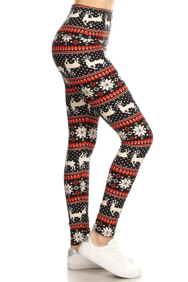 Yoga Waist 3" Red/White Reindeer Print QUEEN SIZE Leggings