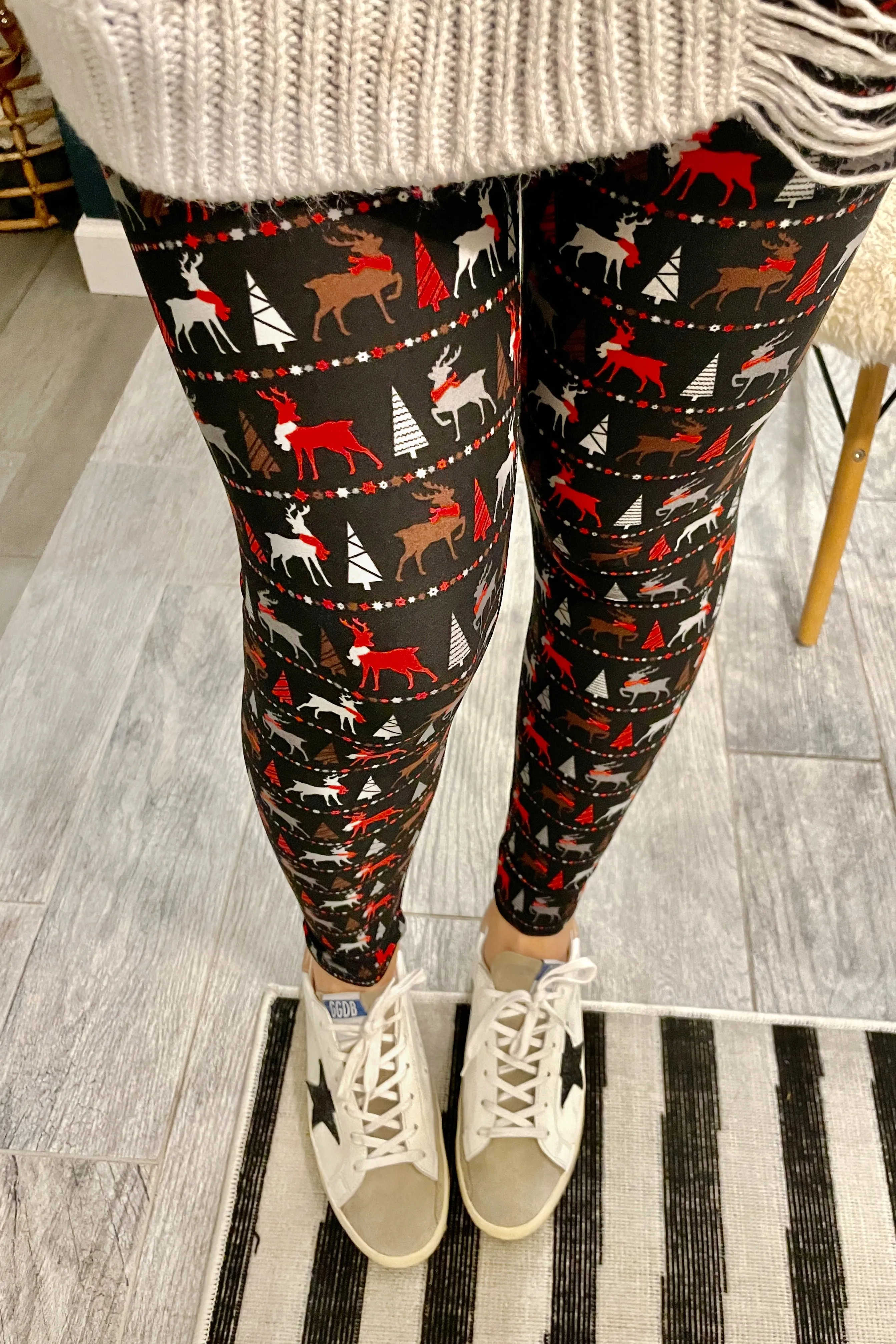 Yoga Waist 5" Black/Red Reindeer Print Leggings