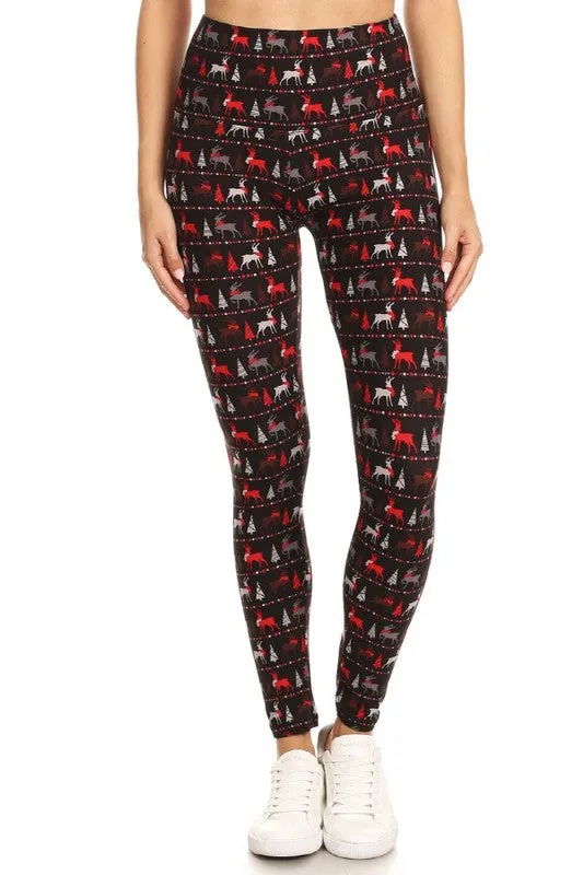 Yoga Waist 5" Black/Red Reindeer Print Leggings