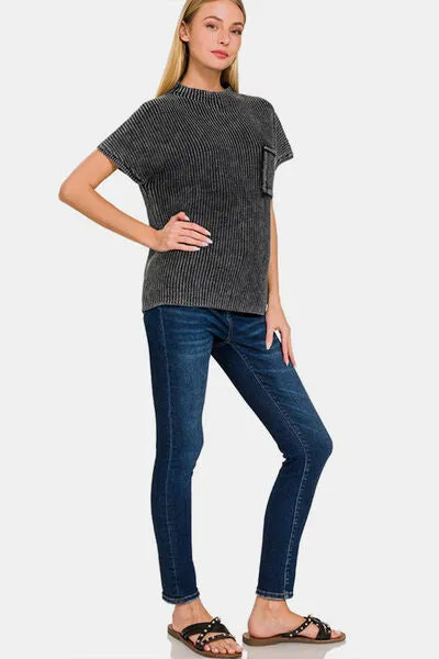 Zenana Pocketed Mock Neck Short Sleeve Sweater